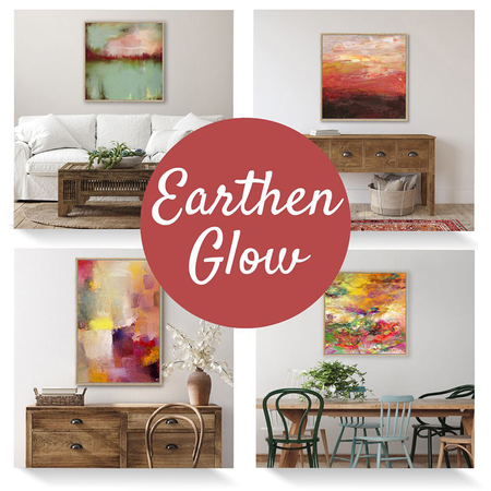 Abstract canvas art prints featuring earthy red and crimson, displayed in country-style interiors.