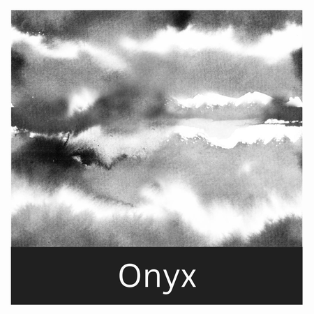 Black and white abstract artwork with black watercolour washes on a white background, resembling floating clouds.