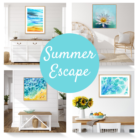 Collage of four artworks celebrating the aqua blue colours of the sea on a summer day, displayed in beachy style interiors.