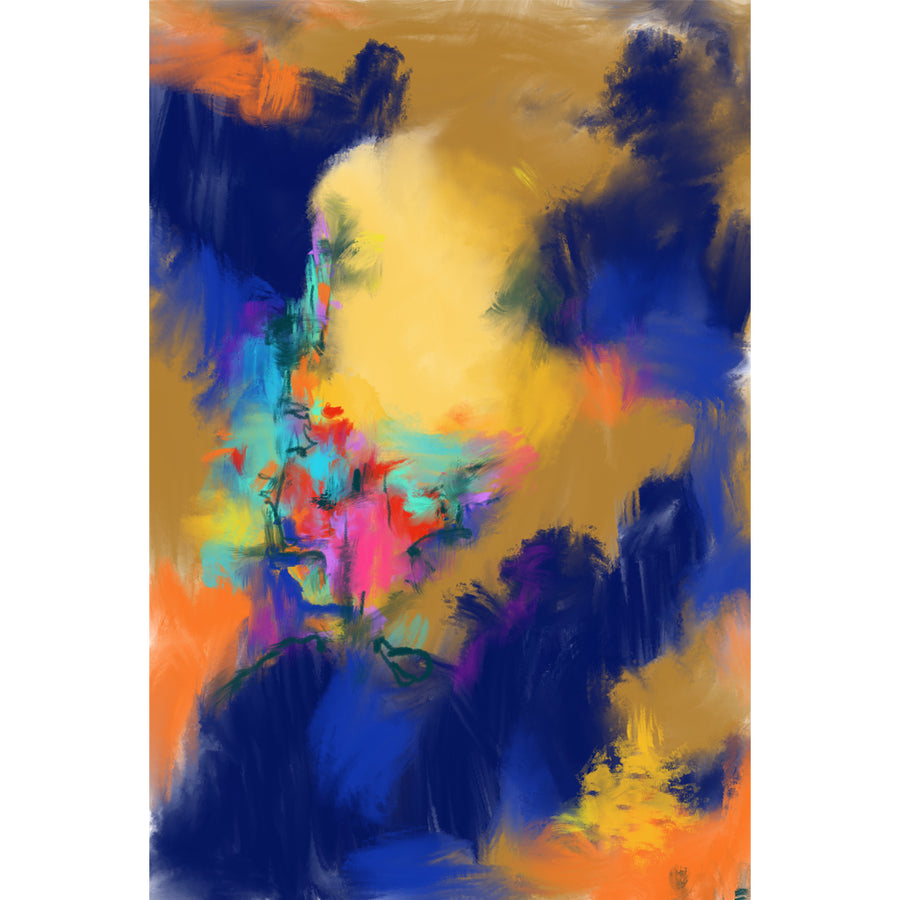 Abstract artwork in navy blue and glowing gold, with pops of aqua and pink creating a fantasy-like quality.