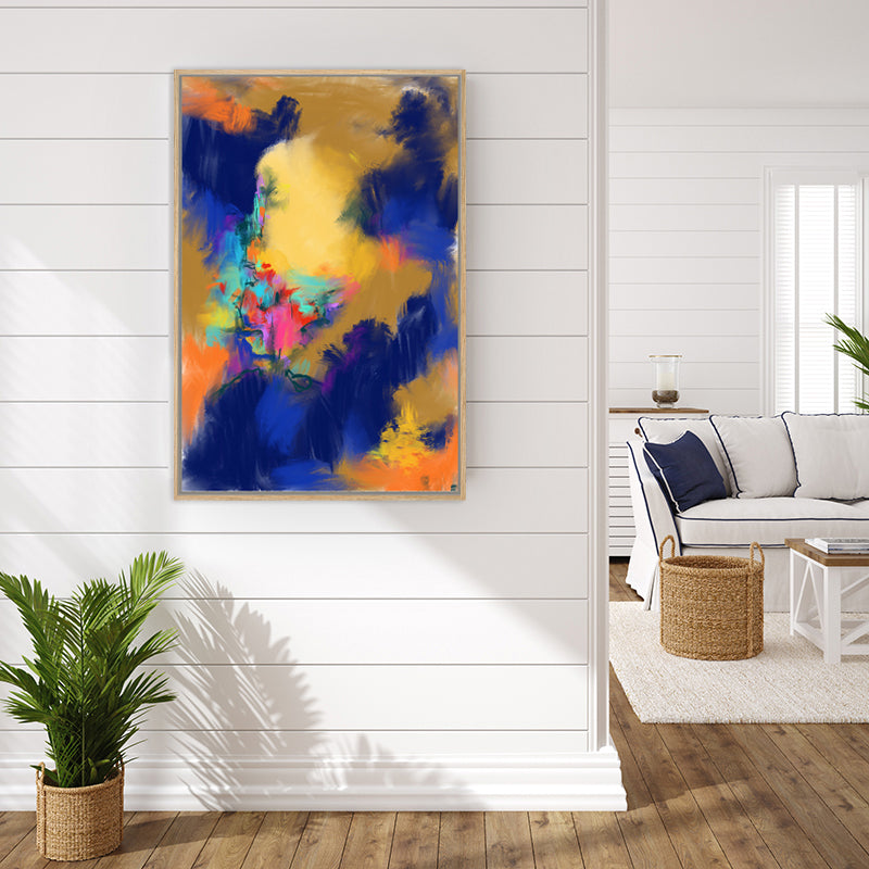 Art print in Navy blue and gold, with pops of aqua and pink creating a fantasy-like quality to the composition.