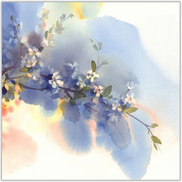 Floral watercolour artwork capturing delicate white flowers on a branch contrasting with an indigo dusk sky.