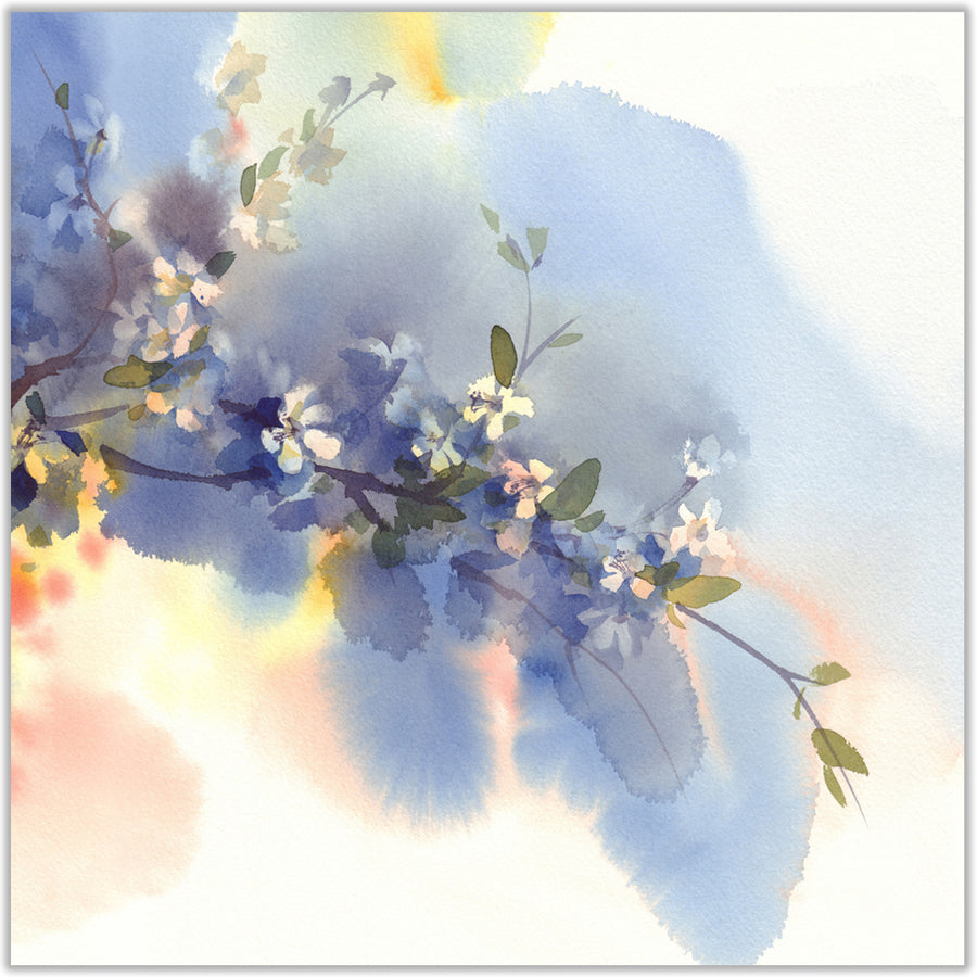 Floral watercolour artwork capturing delicate white flowers on a branch contrasting with an indigo dusk sky.