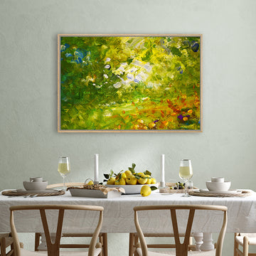 Canvas art print depicting lush olive green foliage, with golden sunlight displayed in a country-style interior.