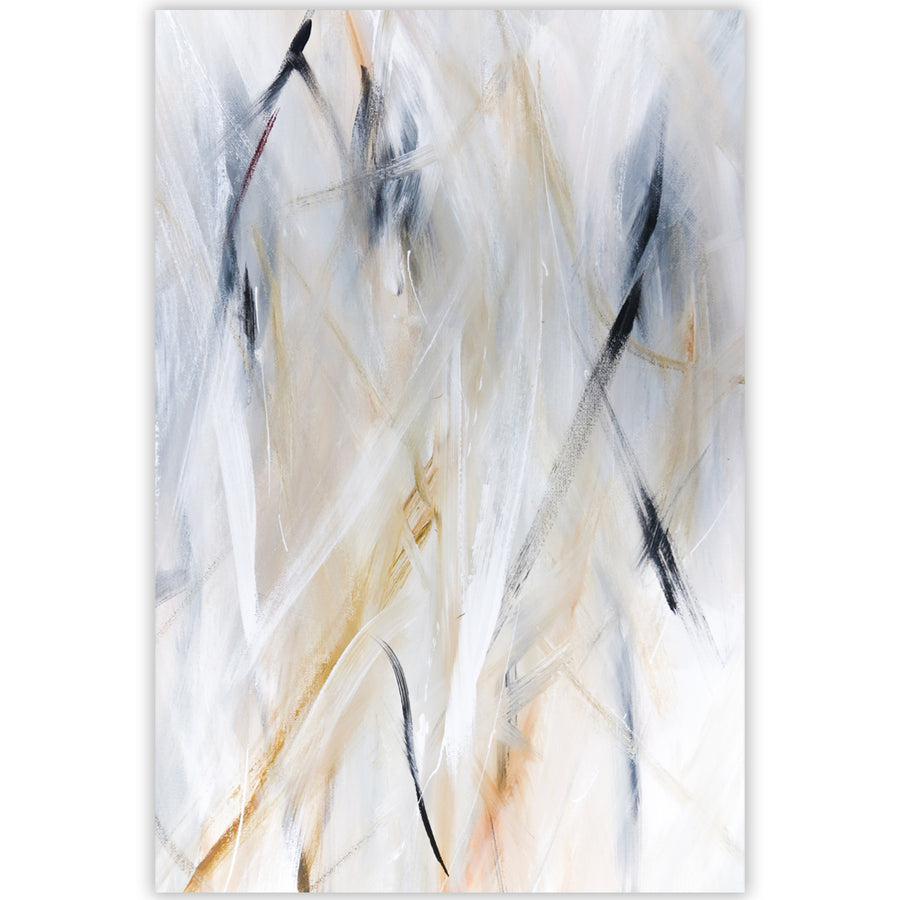 Abstract artwork with earthy colors resembling dry winter grass textures and tones of tan, white, and grey.