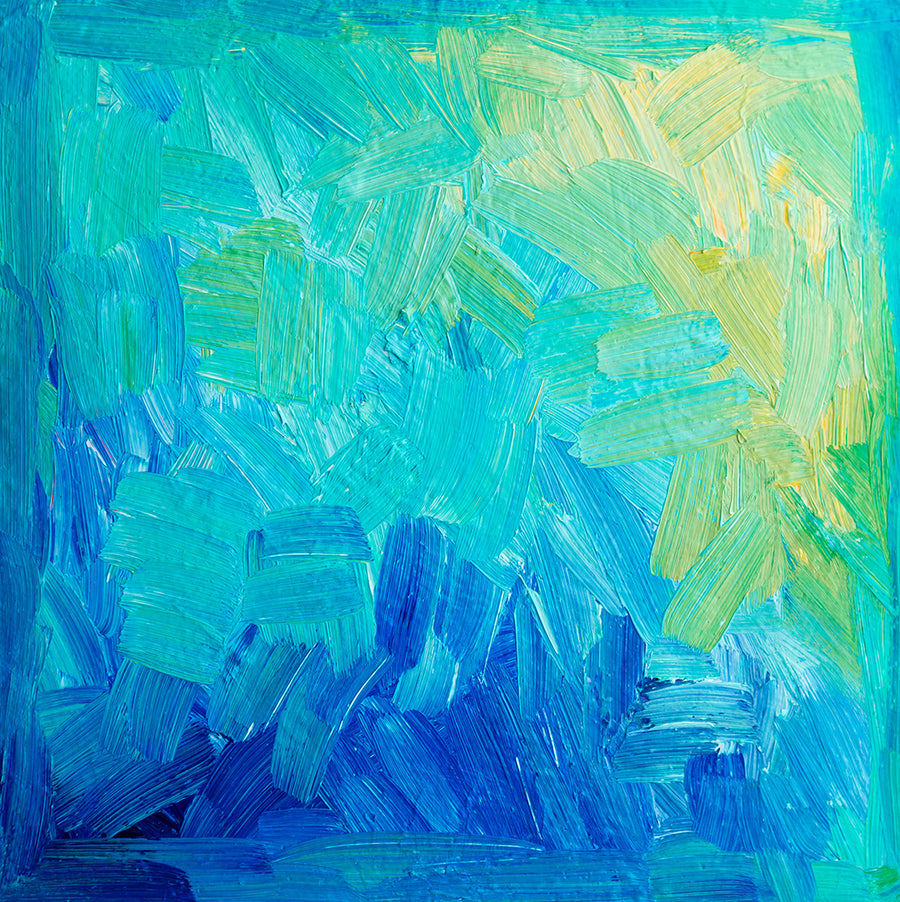Abstract artwork in aqua, sapphire, and luminous pale yellow applied with bold brushstrokes.