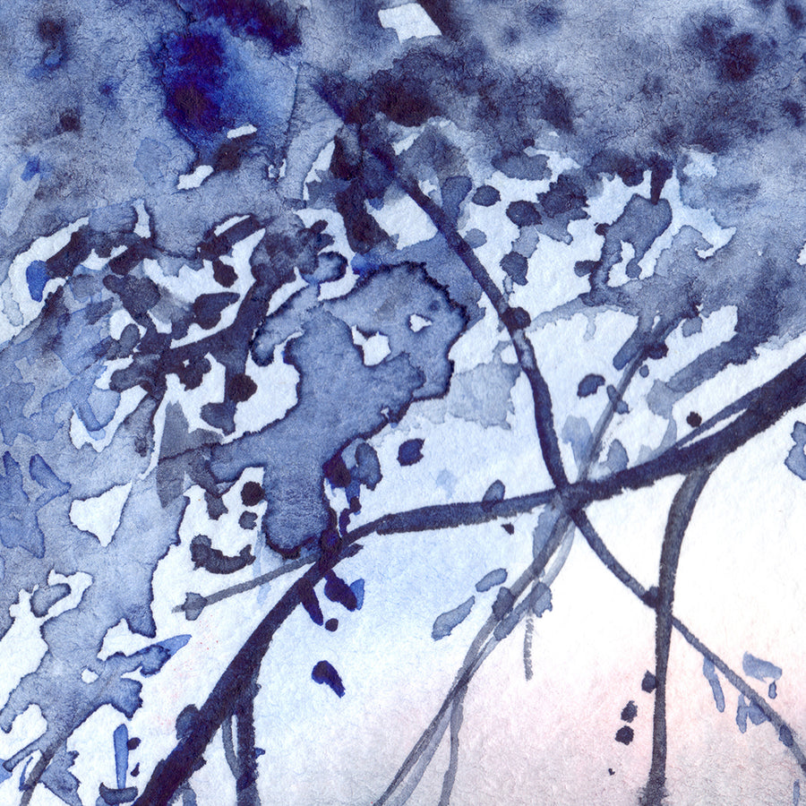 Abstract watercolour artwork of foliage-laden branches in indigo-blue, silhouetted against a moonlit sky.