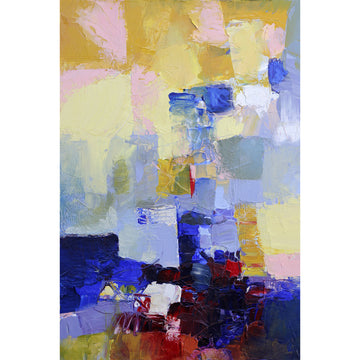 Abstract artwork with block-like brushstrokes of navy blue and ruby red beneath swathes of soft pastel hues.