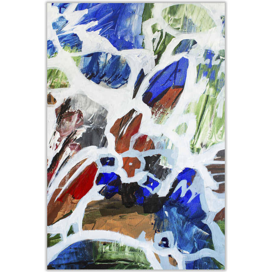 Abstract artwork with a navy blue base, pops of olive green and rust, overlaid with white branch-like shapes.