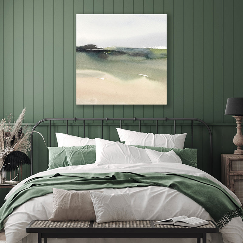 Art print depicting a misty olive-green lake with a sandy shore, in a sage-green country-style bedroom.