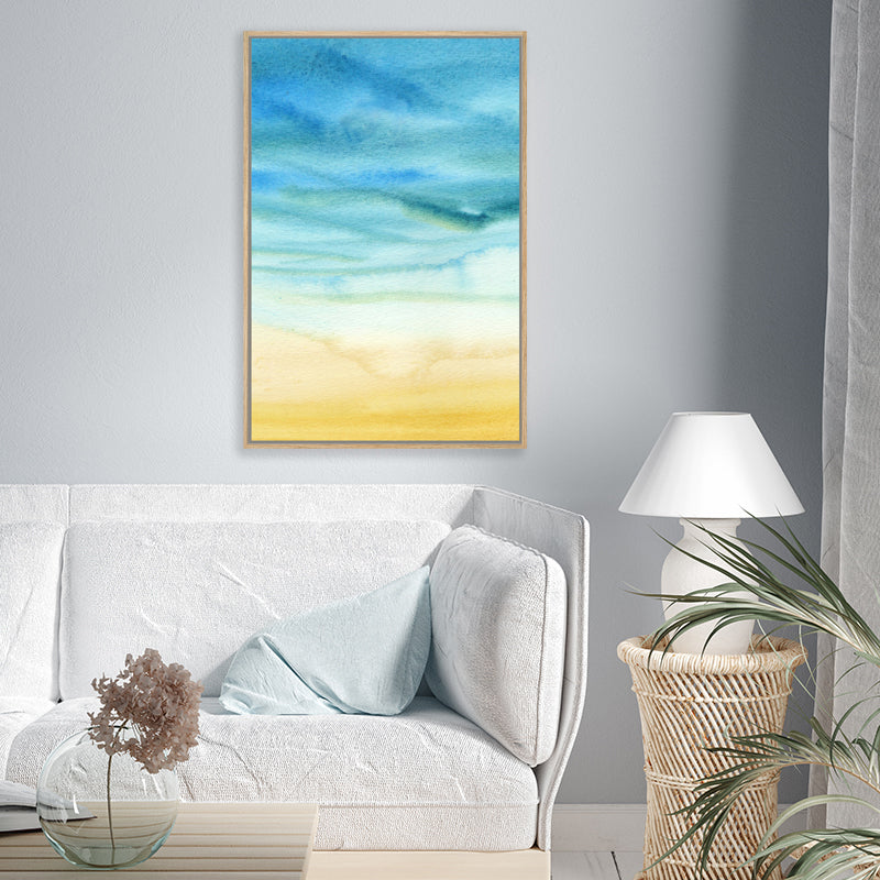 Abstract canvas art print rendered in soft washes of watercolour, perfect for a coastal Scandinavian-style interior.