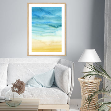 Abstract framed art print rendered in soft washes of watercolour, perfect for a coastal Scandinavian-style interior.