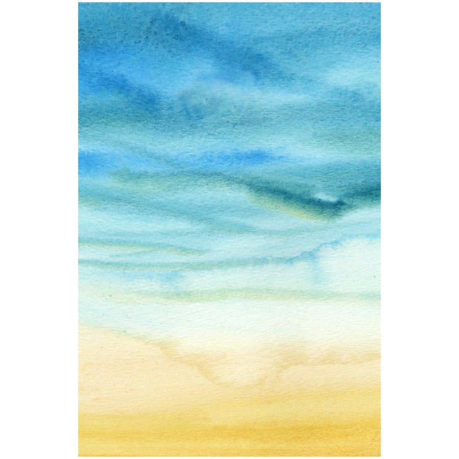 Abstract watercolour artwork depicting sand, sea, and sky, rendered in soft washes of soothing coastal colours.