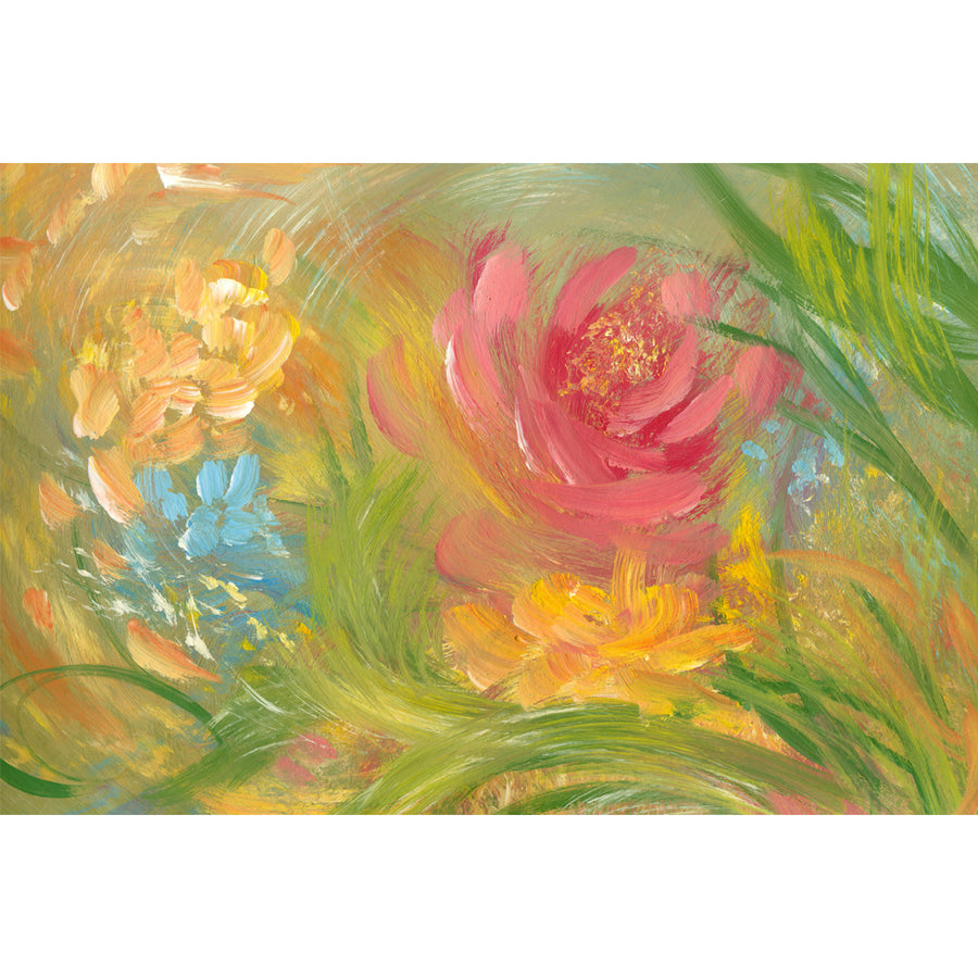 Abstract floral artwork highlighting the fresh green hues of spring foliage, alongside vibrant pink and orange flowers.