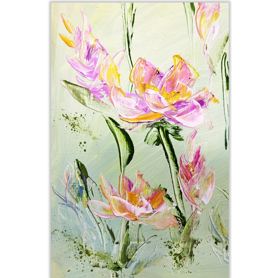 Abstract expressionist artwork, crafted using a palette knife technique, of pink flowers and olive green foliage.
