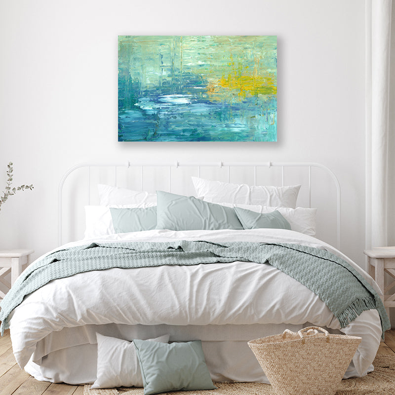 Abstract impressionist wall art print in soft blue-green hues, displayed in an Australian Hamptons style interior.
