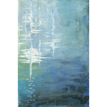 Abstract impressionist artwork of moonlight reflections on blue green water.