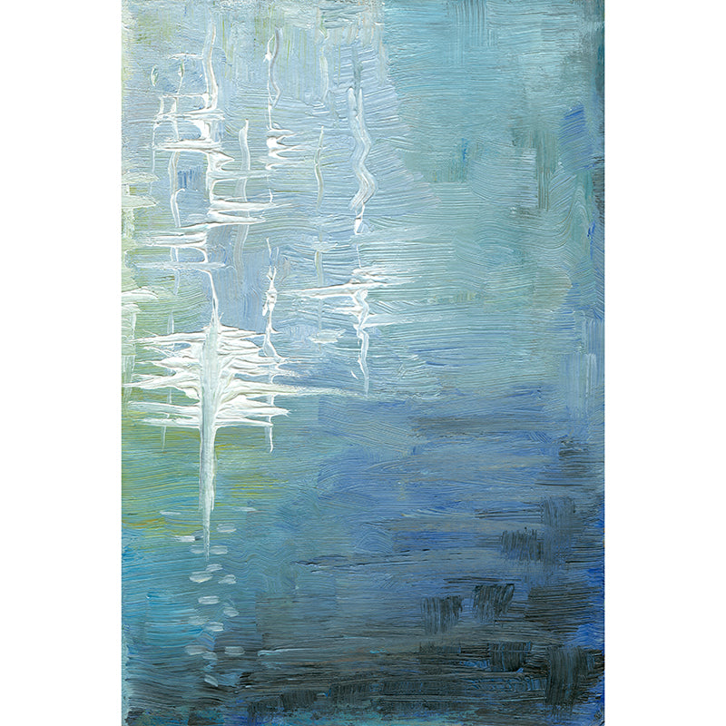 Abstract impressionist artwork of moonlight reflections on blue green water.
