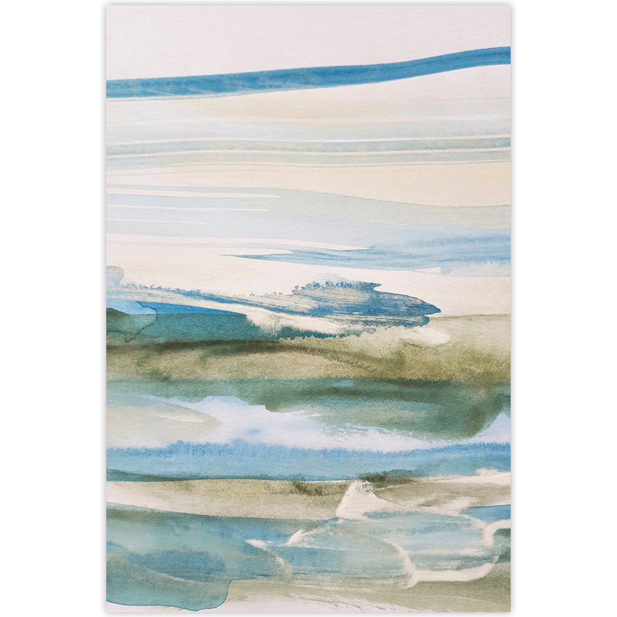 Abstract watercolour artwork in blue, green, and grey, evoking a coastal landscape in the early morning.