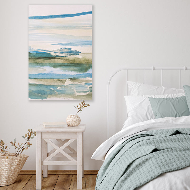 Abstract watercolour wall art print in blue, green, and grey, evoking a coastal landscape in the early morning.