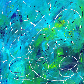 Abstract expressionist-style artwork of swirling underwater currents in an aqua and turquoise tropical sea.