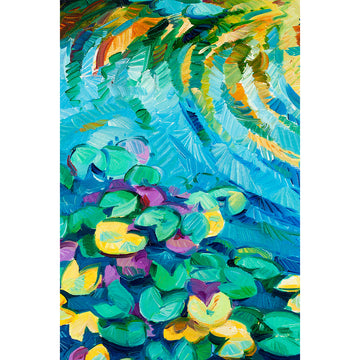 Colourful artwork of aqua blue pond with green and yellow water lily pads, as well as reflections of palm leaves.