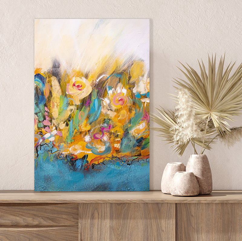 Aqua and coral abstract floral canvas art print.