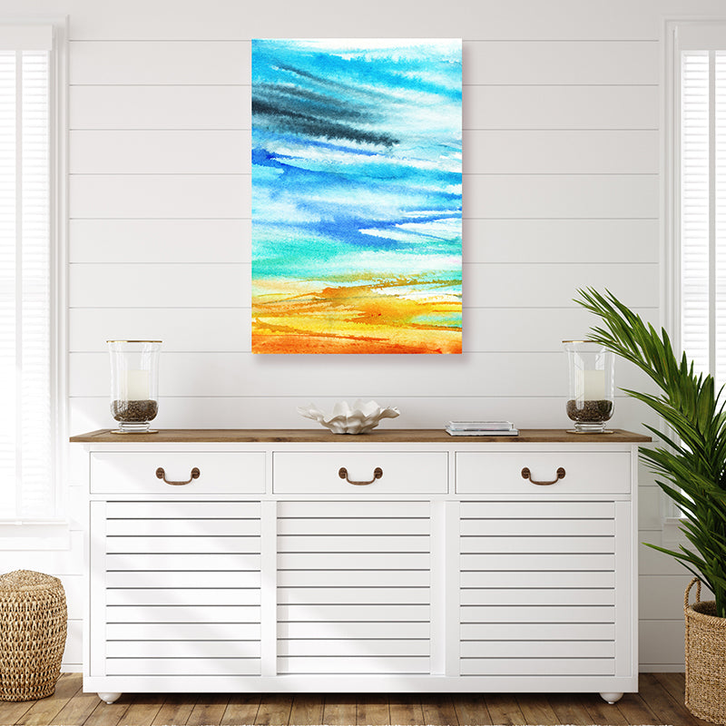 Aqua and gold abstract coastal art print with sweeping brushstrokes in vivid seaside colours in a coastal interior.