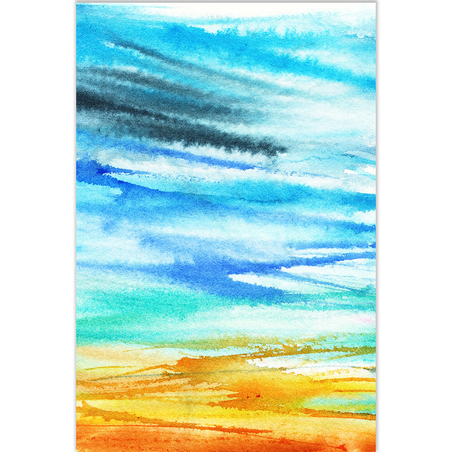 Aqua and gold abstract coastal art with sweeping brushstrokes in vivid seaside colours.