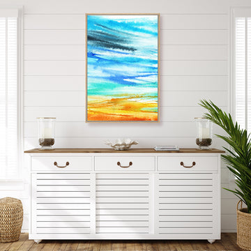 Aqua and gold abstract coastal canvas art print with sweeping brushstrokes in seaside colours in a coastal interior.