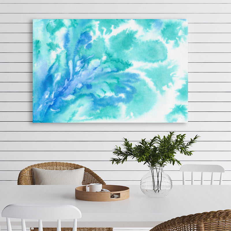 Aquamarine art print with watercolour swirls that resemble the graceful movements of seawater, in a coastal-style room.
