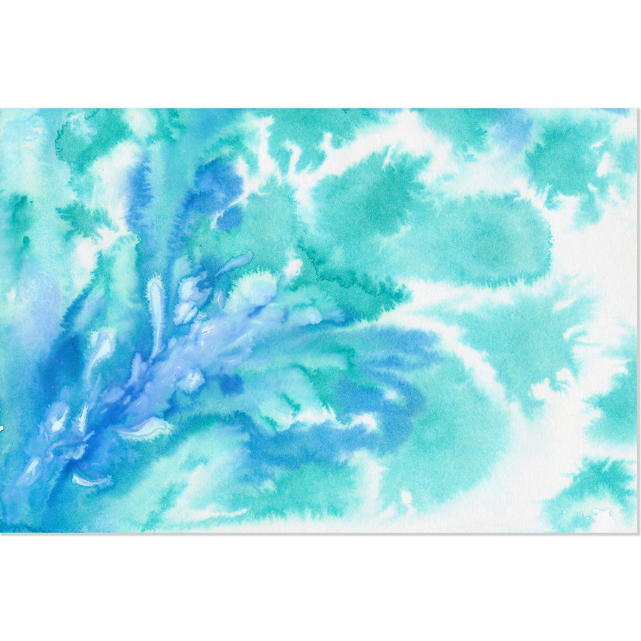 Abstract aquamarine artwork with gentle watercolour swirls that resemble the graceful movements of seawater.