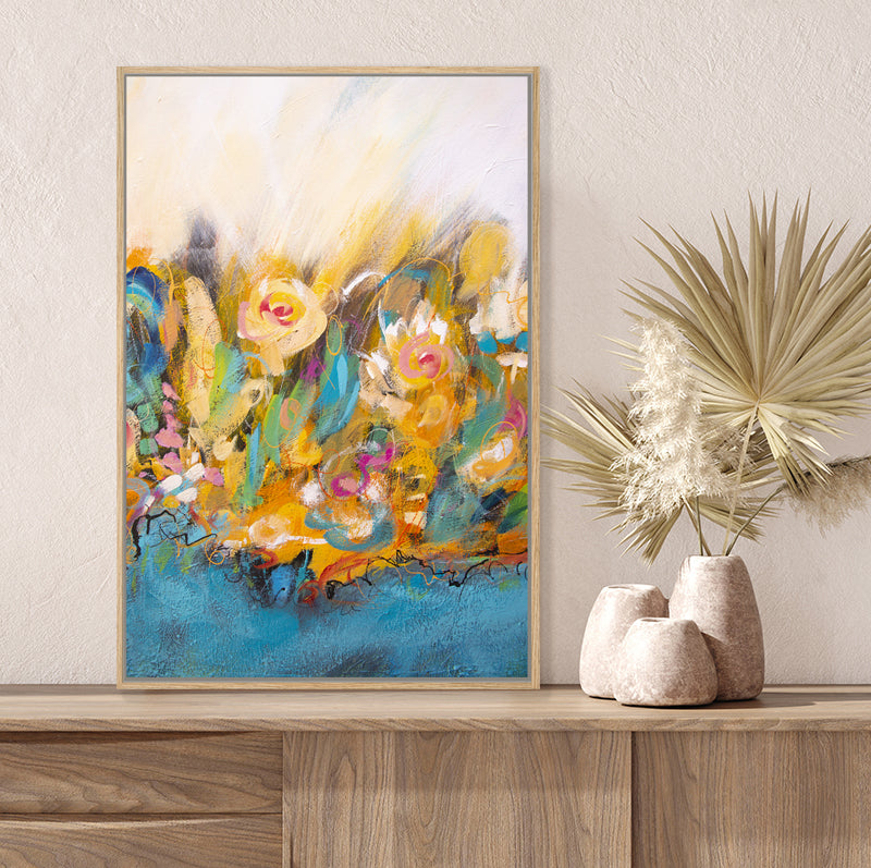 Aqua and coral abstract floral framed canvas art print.