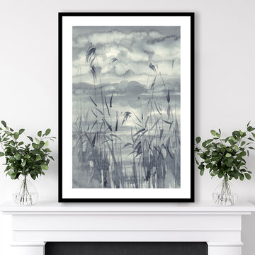 Black and white watercolour framed art print featuring soft grey washes of colour capturing a lakeside landscape.