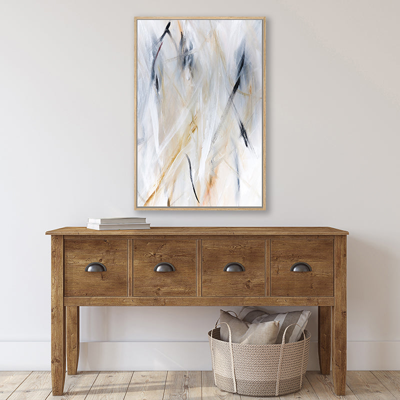 Framed canvas art print with earthy colors resembling dry winter grass textures and tones of tan, white, and grey.