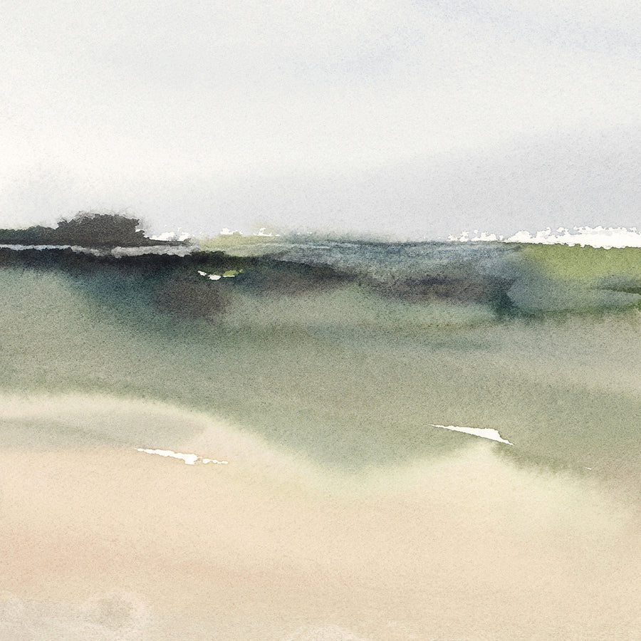 Watercolor artwork depicting an olive-green lake beneath a misty grey sky, and a sandy shore in the foreground.