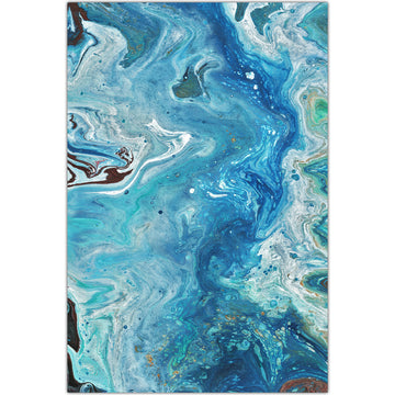 Abstract aqua artwork, evoking imagery of the ocean and its tides viewed from an aerial perspective. 