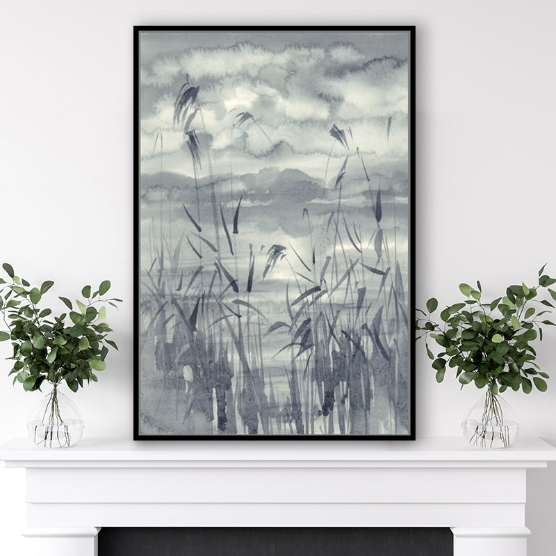 Black and white watercolour canvas art print featuring soft grey washes of colour capturing a lakeside landscape. 