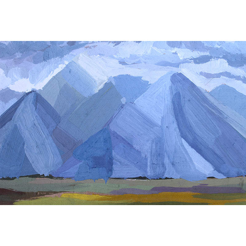 Abstract impressionist artwork depicting a dusty blue mountain range.