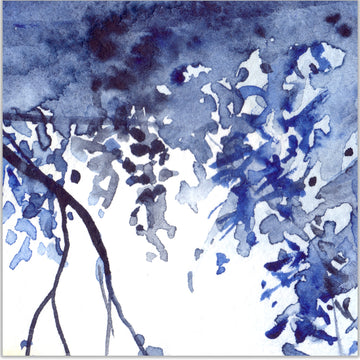 Watercolour artwork depicting branches and foliage in indigo-blue, silhouetted against a radiant moonlit sky.