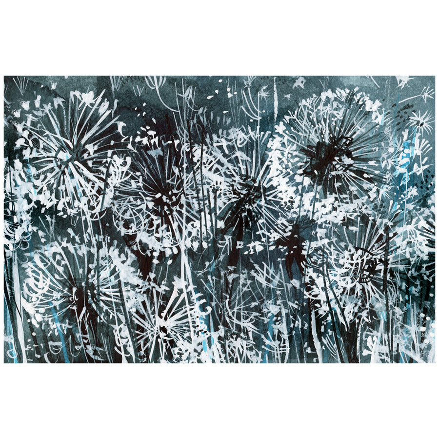 Inky black and white watercolour artwork of dandelions bathed in the glow of moonlight, set against a velvety night sky. 