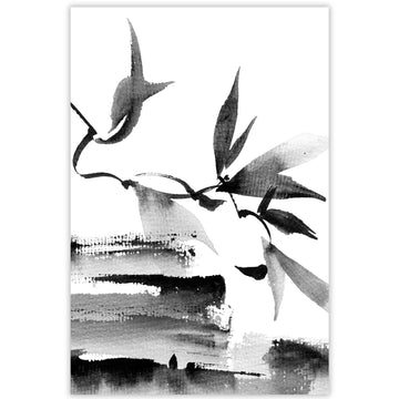 Black and white Japanese ink artwork of twigs and leaves standing out in stark contrast against a white background. 