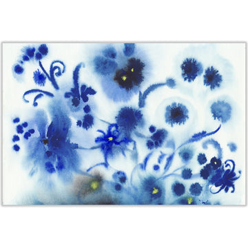 Watercolour artwork of navy blue flowers, produced by ink droplets on a white canvas.