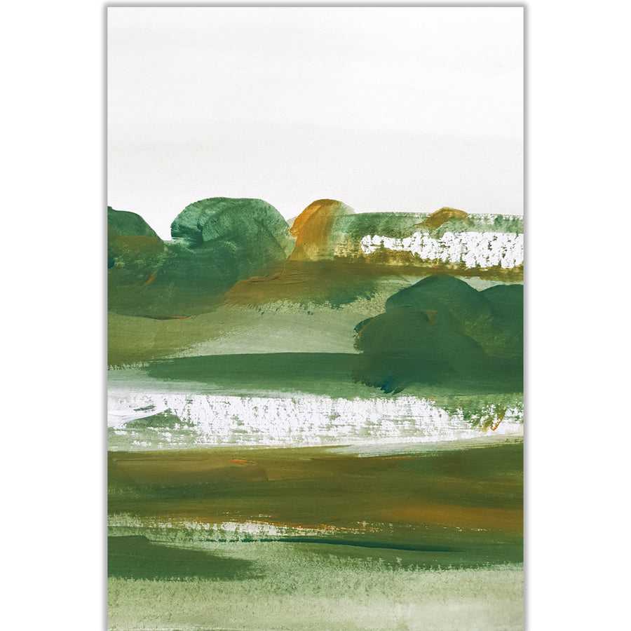 Abstract artwork that evokes the beauty of a rural landscape, showcasing the rich palette of dark green and olive hues.