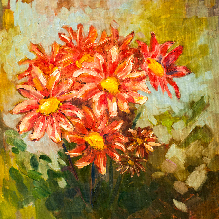 Artwork depicting a cluster of red flowers standing out against a background of olive-green foliage.