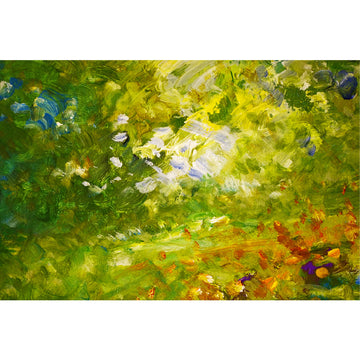 Abstract impressionist artwork showcasing lush green foliage, with golden sunlight filtering through the leaves. Rust-coloured leaves scattered on the forest floor bring rich autumn colours to the scene.