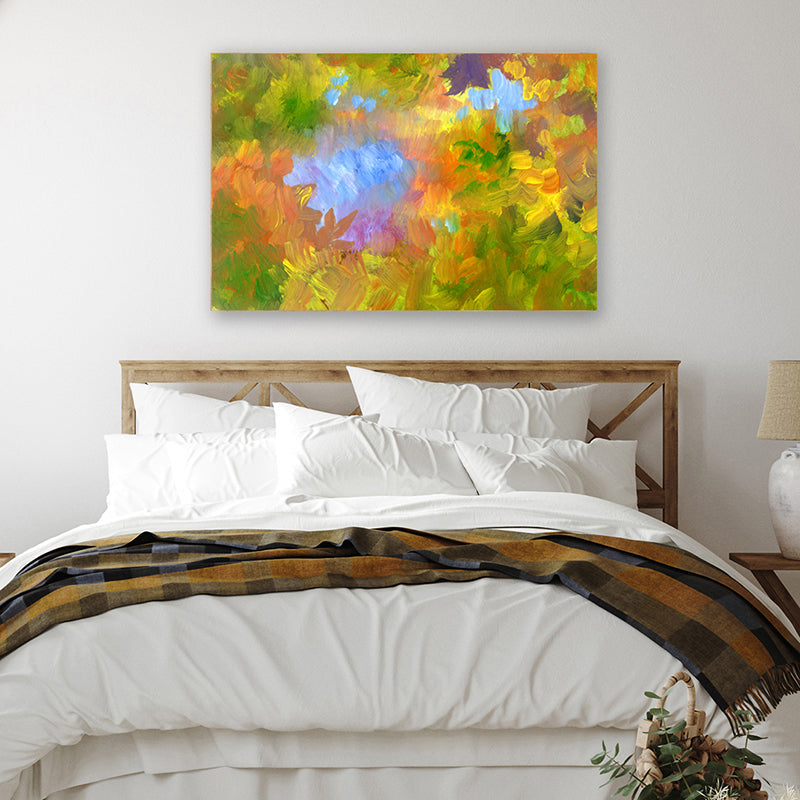 Abstract olive green and rust autumn-inspired canvas art print in a country-style bedroom interior.