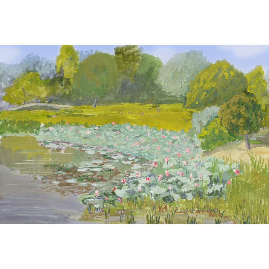 Artwork capturing the lush green landscape of a country estate, complete with a lake and water lilies. 
