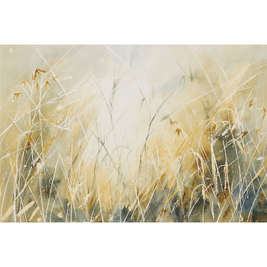 Artwork that captures sunlight filtering through dried grass, showcasing the delicate tan hues of the sunlit blades.