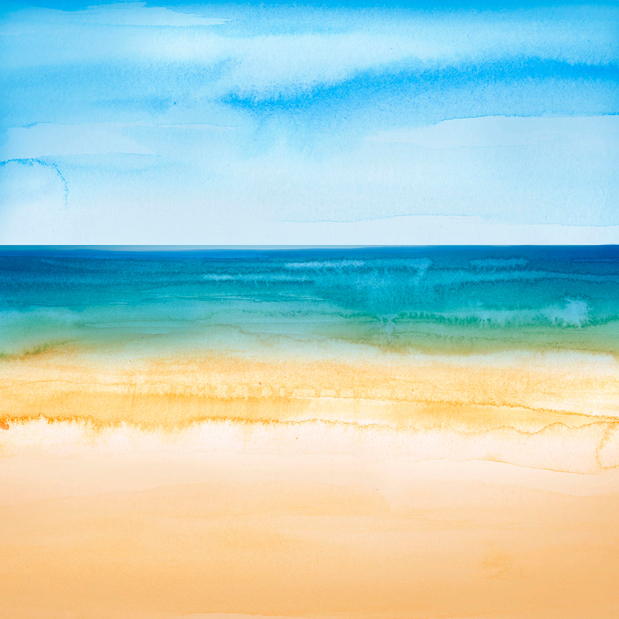 Watercolour artwork of a turquoise sea, coral sandy beach and clear azure blue sky.